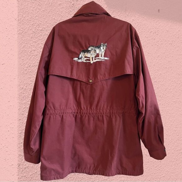 Vintage burgundy utility coat anorak embroidered wolves - Picture 6 of 14